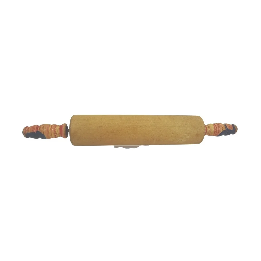 Vintage Wood Rolling Pin Red Yellow Blue Striped Handles Farmhouse Kitchen Decor